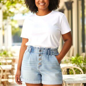 (A-25)No Boundaries Women’s Denim Shorts XL High Rise Elastic Waist Button Front